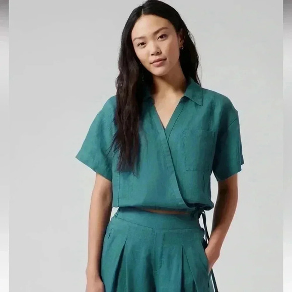 Athleta PLAYA LINEN TIE TOP in‎ Borealis Green - Picture 1 of 11